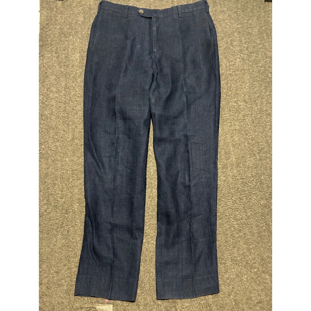 Zanella linen pleated pants mens trousers blue fit 34X32 read